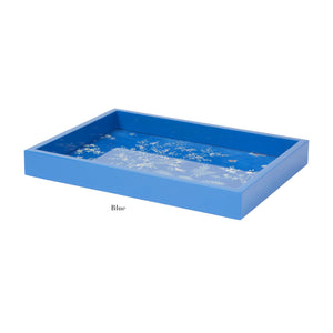 The Addison Ross Small Chinoiserie Tray Collection features rectangular blue trays with raised edges and white floral designs, finished in high-gloss lacquer and shown on a white background.