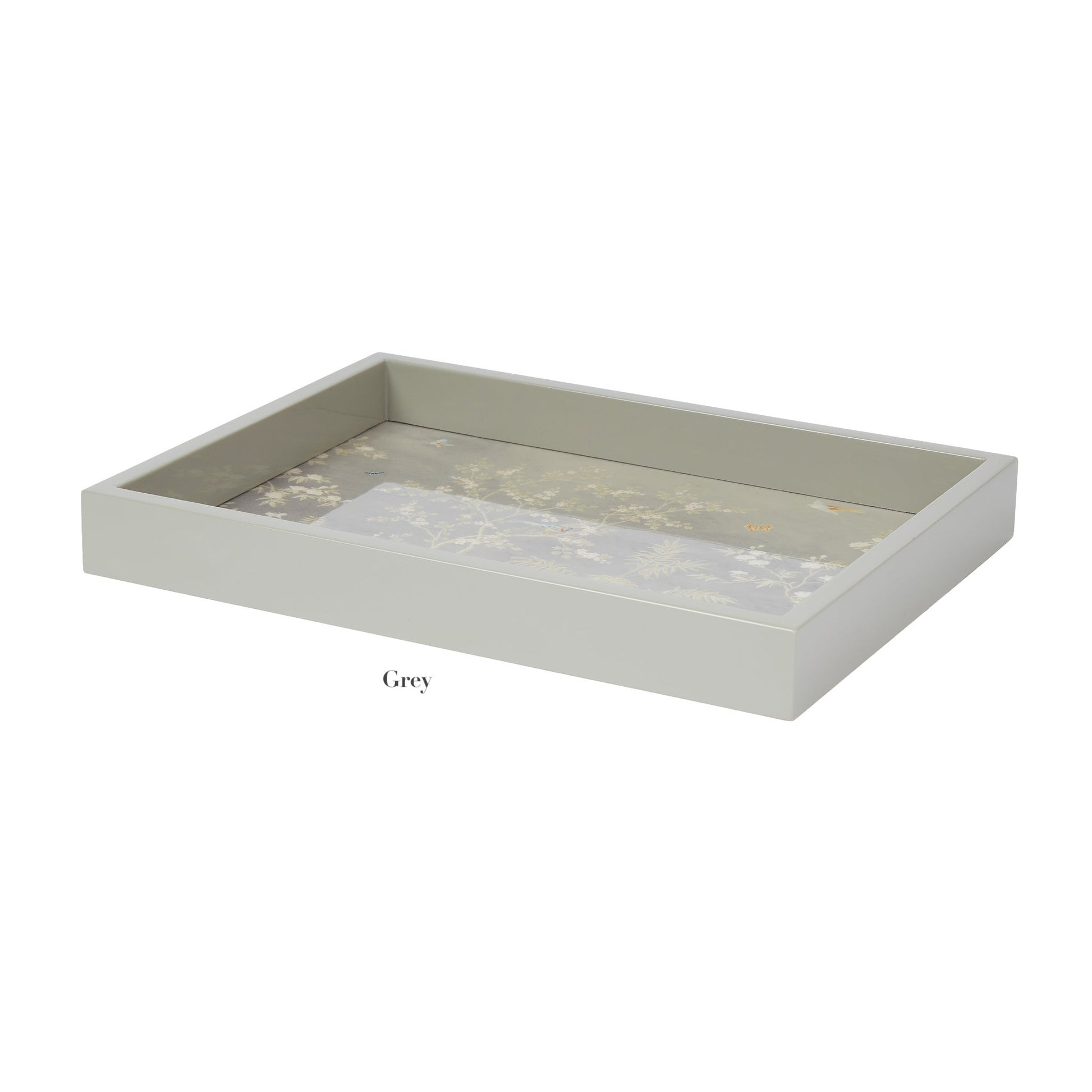 The Addison Ross Small Chinoiserie Tray Collection features a rectangular grey lacquer tray with raised edges and Chinoiserie design on the base, shown against a white background.