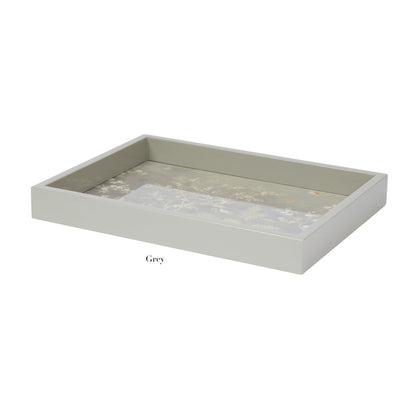 The Addison Ross Small Chinoiserie Tray Collection features a rectangular grey lacquer tray with raised edges and Chinoiserie design on the base, shown against a white background.