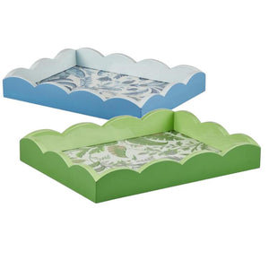 Add a touch of style to your space with Addison Ross’s Palm Beach Scallop Tray Collection, featuring two rectangular trays: one light blue with blue florals and one green with a leaf design.