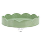 The Addison Ross Round Scalloped Lacquer Tray Collection features a sage green tray with scalloped edges, a high gloss lacquer finish, and measures 8.5” x 8.5”, displayed against a white background.