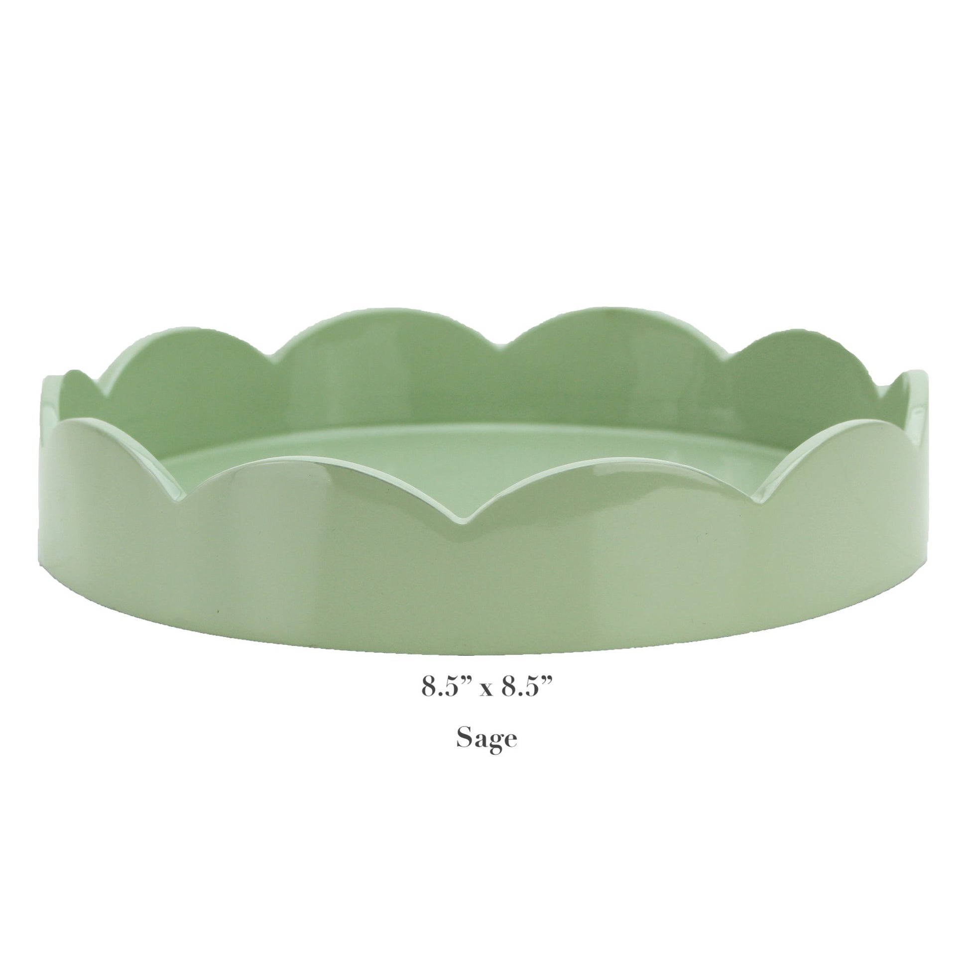 The Addison Ross Round Scalloped Lacquer Tray Collection features a sage green tray with scalloped edges, a high gloss lacquer finish, and measures 8.5” x 8.5”, displayed against a white background.