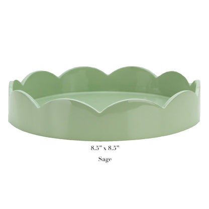 The Addison Ross Round Scalloped Lacquer Tray Collection features a sage green tray with scalloped edges, a high gloss lacquer finish, and measures 8.5” x 8.5”, displayed against a white background.