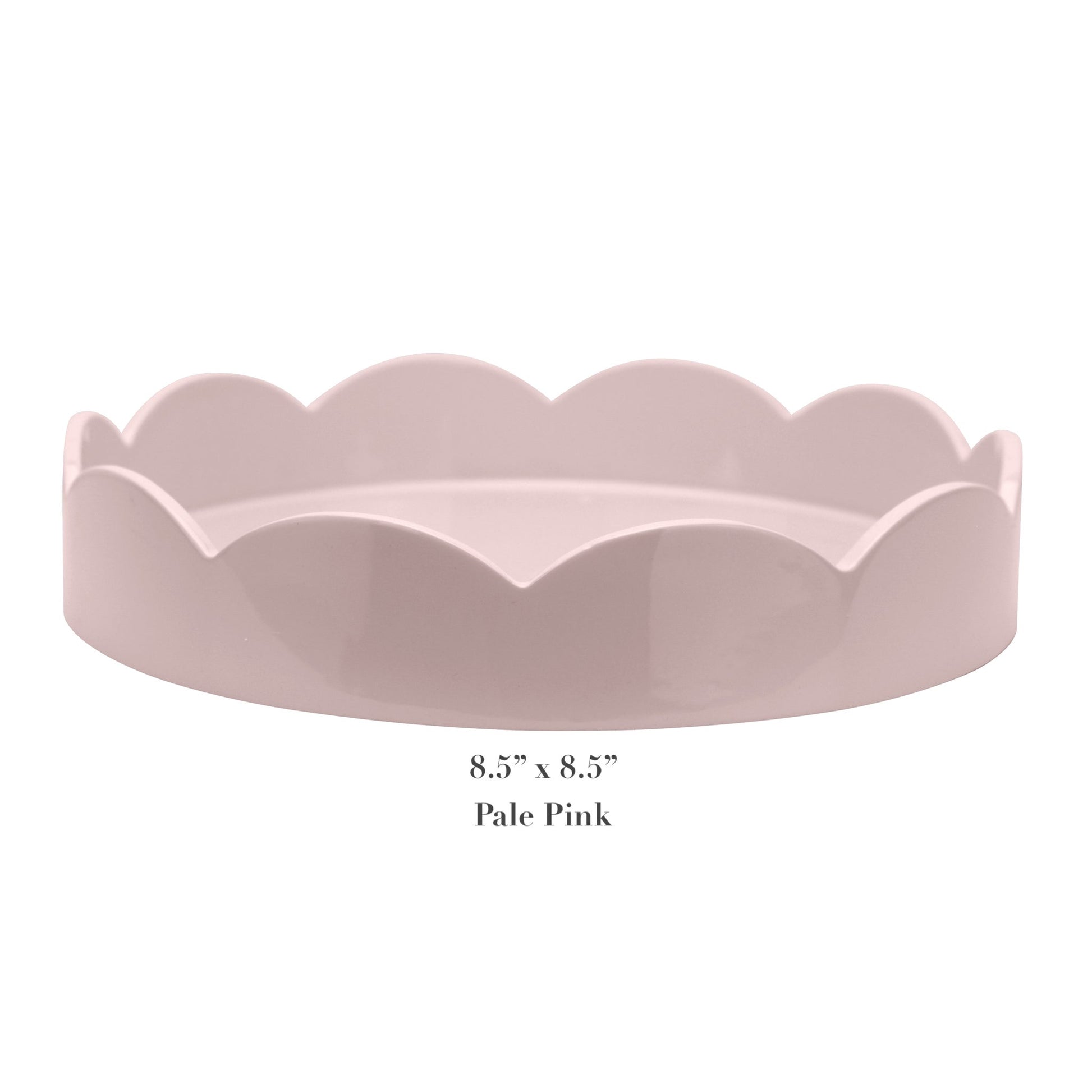 The Addison Ross Round Scalloped Lacquer Tray Collection features an 8.5" pale pink tray with scalloped edges and a high-gloss finish, shown against a white background.