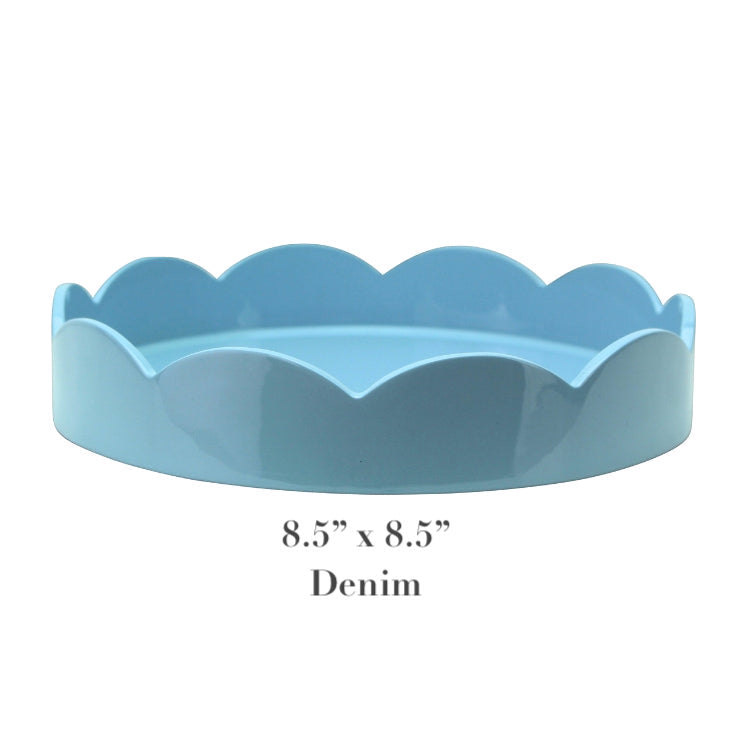 Addison Ross Round Scalloped Lacquer Tray Collection: 8.5” x 8.5” denim-colored tray with scalloped edge and high-gloss finish, shown on a white background.