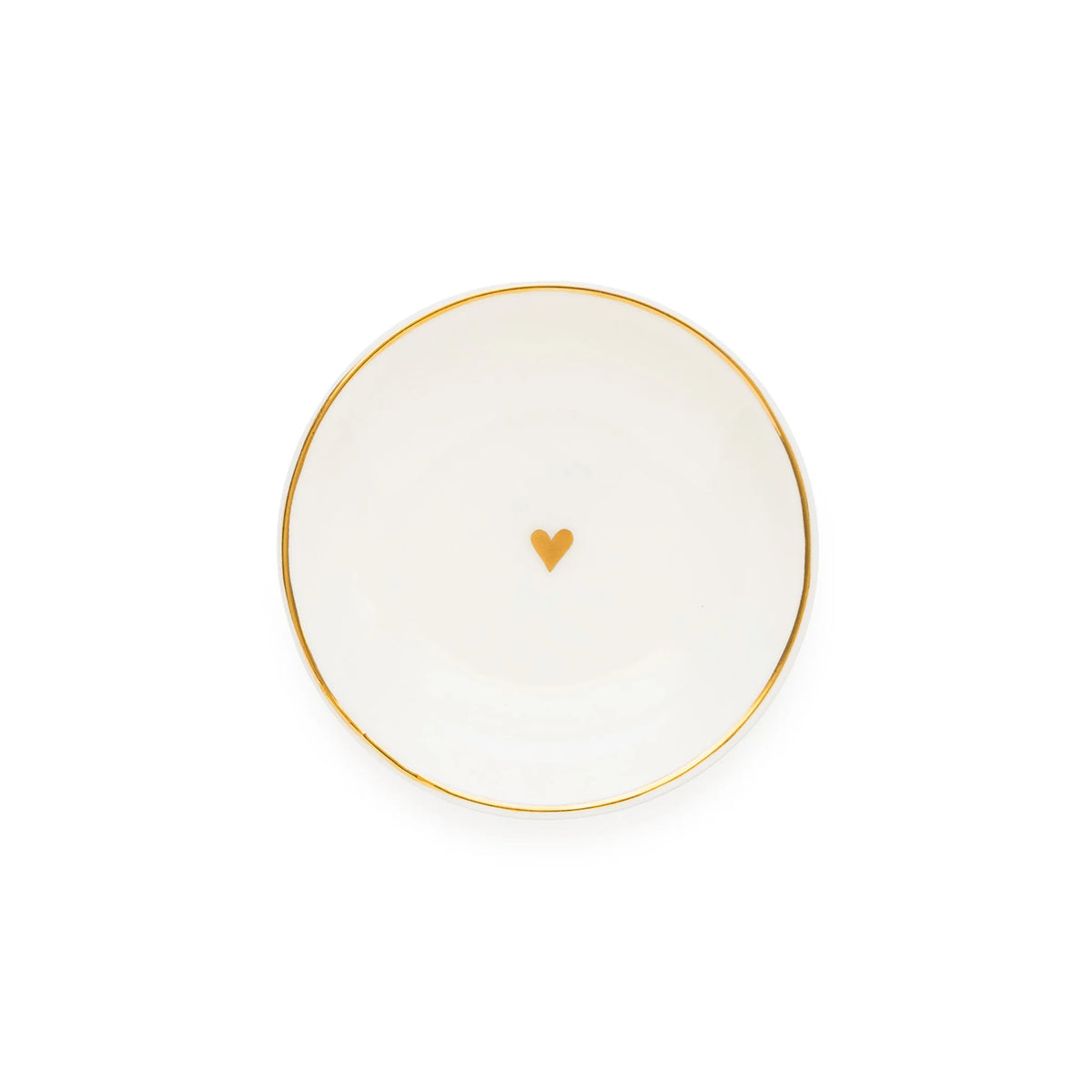 The Sugar Paper Small Round Heart Trinket Tray is a white ceramic dish featuring an elegant gold rim and a delicate gold heart at its center, beautifully photographed on a plain white background to highlight its sophisticated gold details.