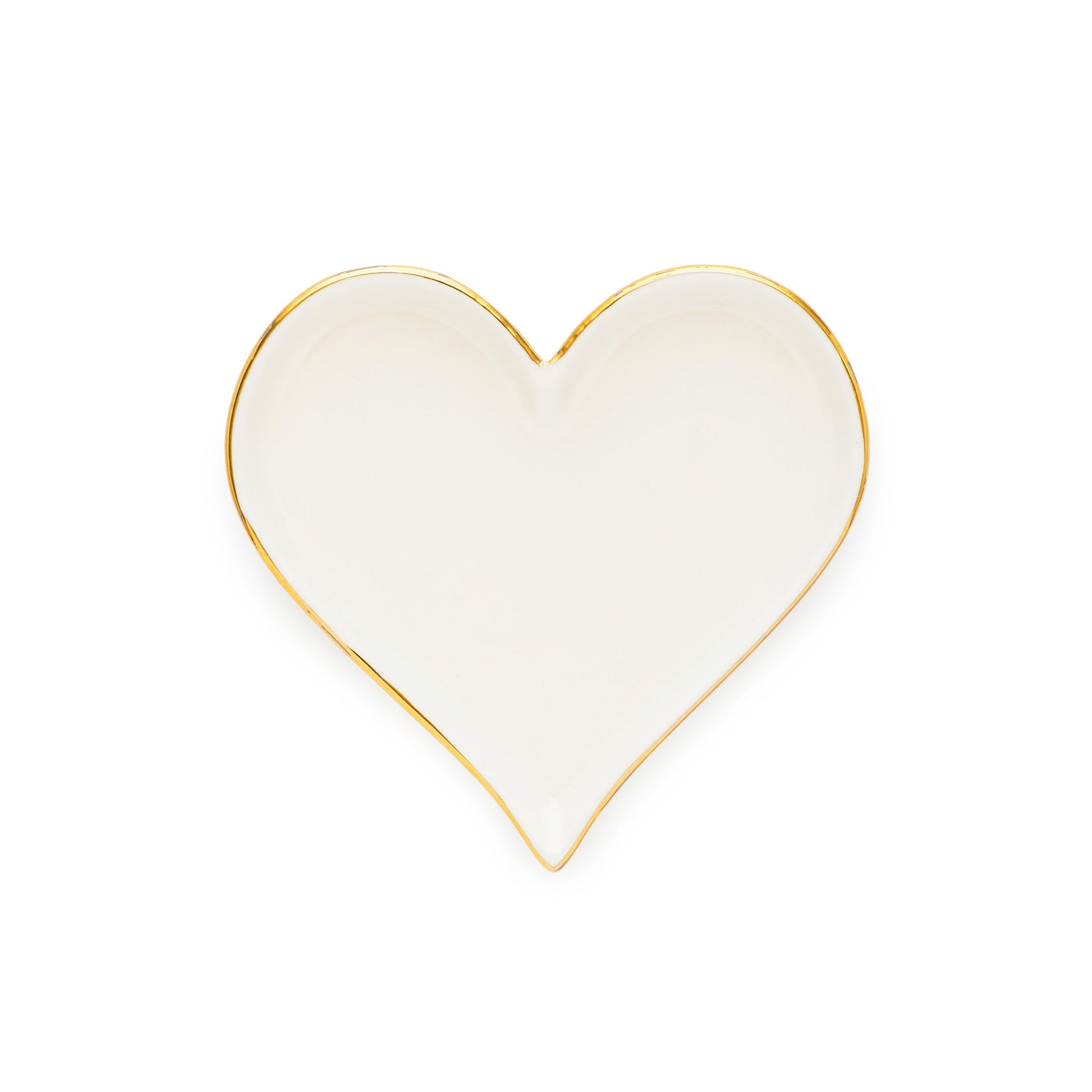 The Bordered Heart Trinket Tray by Sugar Paper is a white, heart-shaped ceramic piece featuring elegant gold details along its thin rim, shown against a plain white background.