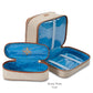 Two beige fabric travel cases from the Stephanie Johnson Tropea Travel Collection, with brown trim and blue lining—one open, one closed—offer removable compartments inspired by the Martha Large Cosmetic Case for organized storage.
