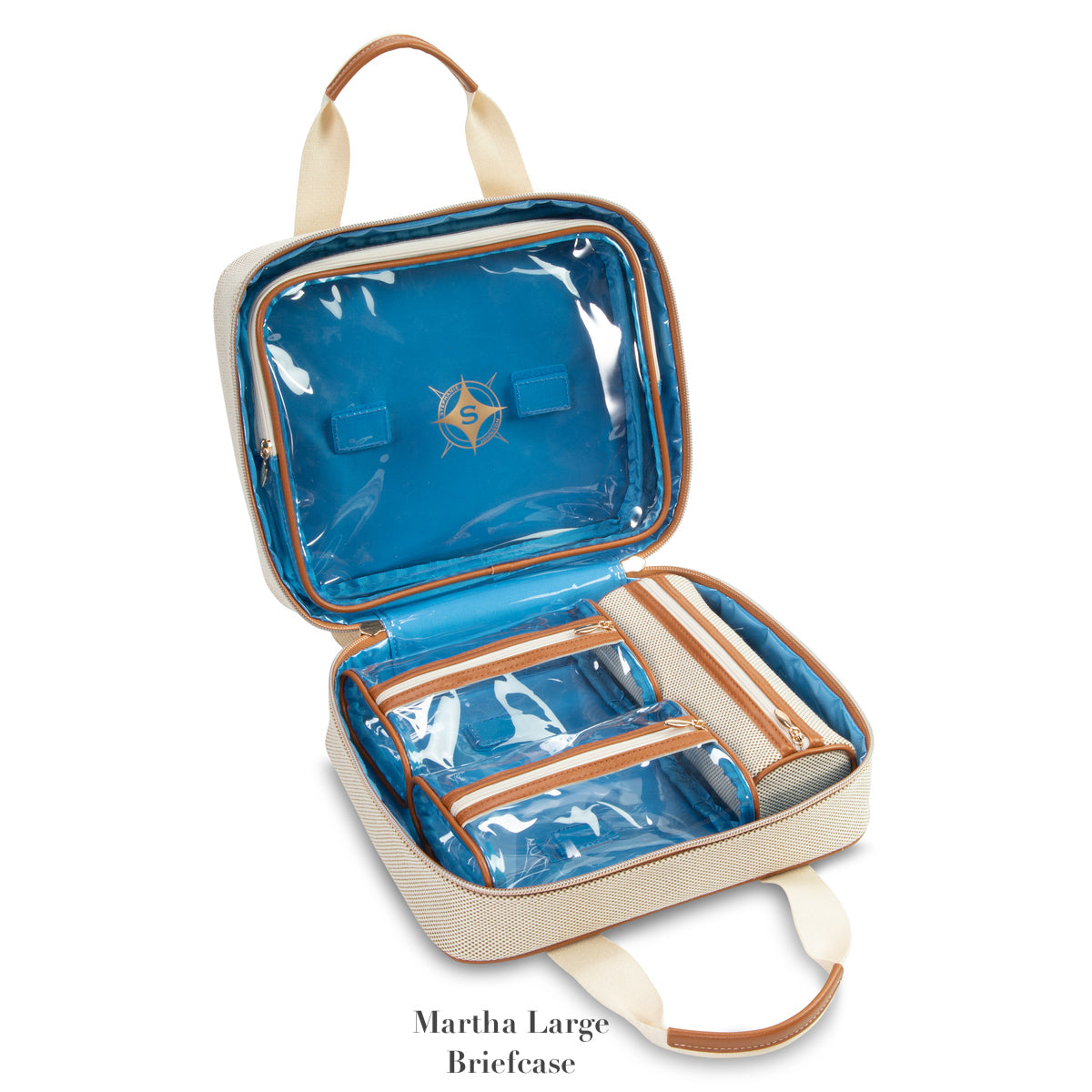 The Stephanie Johnson Tropea Travel Collection features a beige and blue fabric briefcase with tan handles, clear plastic interior, removable compartments, and zippered sections.