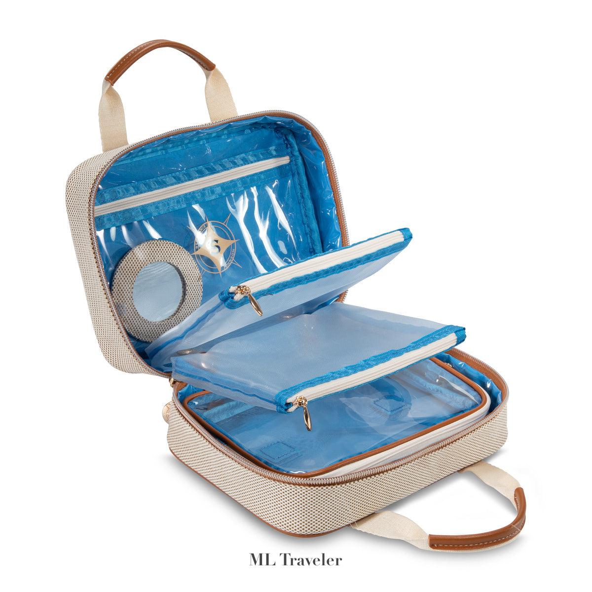 The Stephanie Johnson Tropea Travel Collection Large Cosmetic Case features beige and blue tones, two zippered compartments, clear plastic pockets, and beige handles for organized storage of your beauty essentials.
