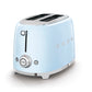 The SMEG 2-Slice Toaster features a retro design in light blue, offering dual extra-wide slots, a stop button, and a browning control knob.