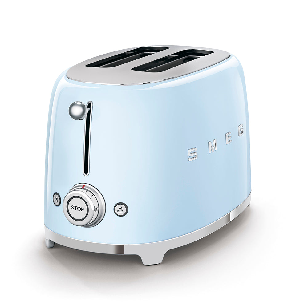 The SMEG 2-Slice Toaster features a retro design in light blue, offering dual extra-wide slots, a stop button, and a browning control knob.