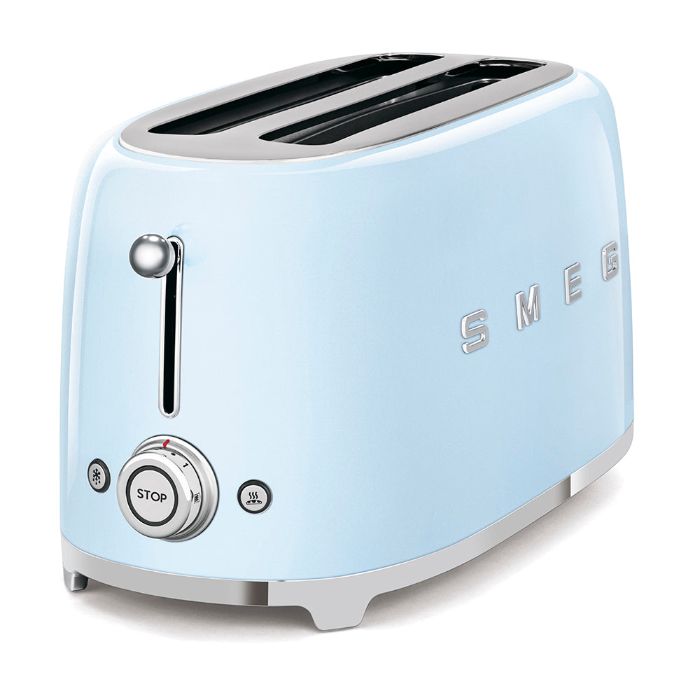 The SMEG 4-Slice Toaster Collection in aesthetic light blue boasts two slots, silver control knobs, and a stainless steel crumb tray. With six browning levels, it perfectly blends style with functionality.