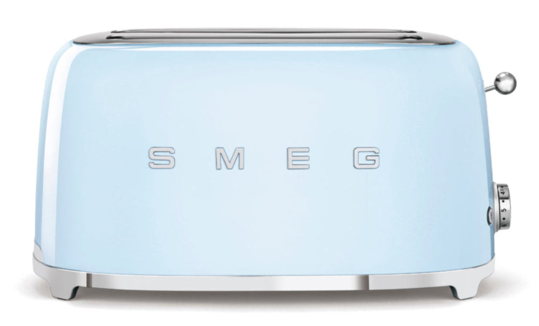 The SMEG 4-Slice Toaster Collection by Smeg in light blue offers a retro design with a chrome knob and stainless steel crumb tray. It features 6 browning levels, ensuring perfect toasting every time.