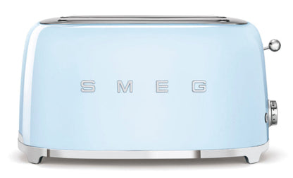 The Smeg 4-Slice Toaster Collection in light blue features chrome accents, two slots, a lever, and a control knob, displayed on a white background.