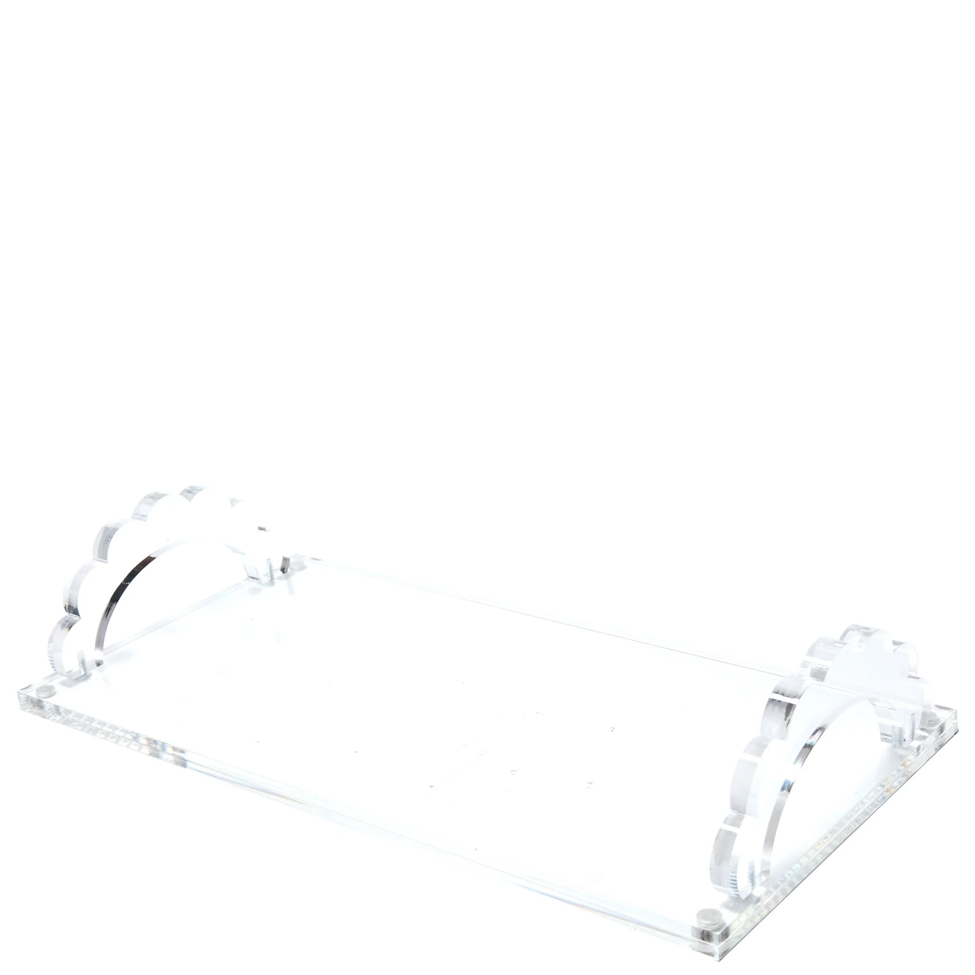 The Scallop Handle Photo Tray Collection by Tara Wilson Designs is a clear acrylic rectangular tray featuring scalloped handles on each end, shown against a plain white background.
