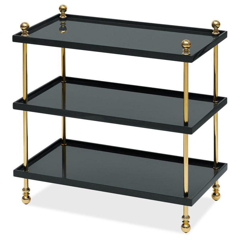 The Bunny Williams Tiered Drinks Table features three tiers, gold metal poles, and decorative brass finials—an elegant conversation starter for your space.