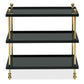 The Bunny Williams Tiered Drinks Table features three black shelves with glass surfaces and brass posts, displayed against a white background.