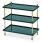 The Bunny Williams Tiered Drinks Table features three rectangular shelves in green lacquer, supported by brass posts with decorative gold sphere finials at each corner.