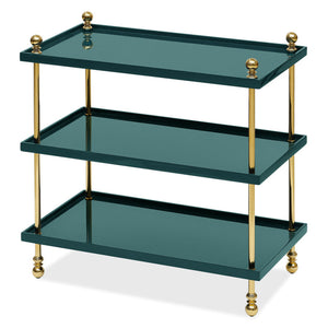 The Bunny Williams Tiered Drinks Table features three rectangular shelves in green lacquer, supported by brass posts with decorative gold sphere finials at each corner.