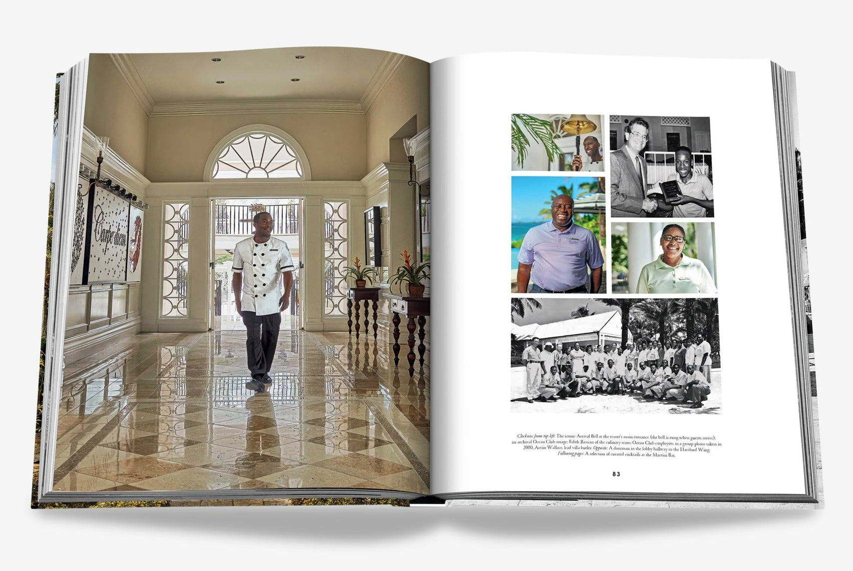 An open book reveals a hallway reminiscent of Bond movies on the left page, with a person strolling through it, while the right page showcases lively moments at The Ocean Club luxury resort. Brand: Assouline.