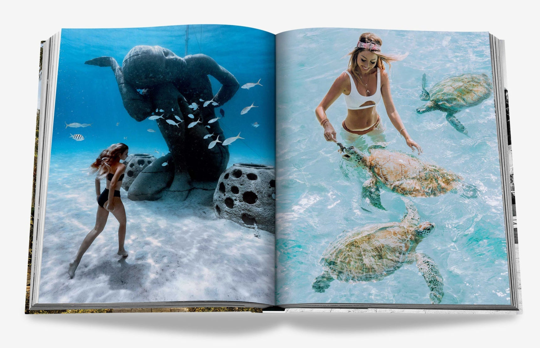 An open book showcases underwater scenes at The Ocean Club, a luxury Bahamian resort: one with a person near a statue amid vibrant fish and another with someone playing with sea turtles. Evoking Bond-like aquatic escapades, it's from the Assouline brand.