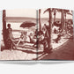 An open book from Assouline, entitled The Surf Club, showcases a sepia-toned image of people unwinding on a beach beneath umbrellas and palm trees, evoking the luxurious atmosphere of Miami's renowned Surf Club. The sea can be seen in the distance.