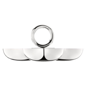 The Christofle Vertigo Three Part Server is a modern silver-plated serving dish with three curved sections at the base and a circular ring on top—a striking Andrée Putman design, shown against a white background.