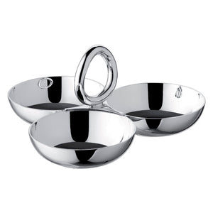 The Vertigo Three Part Server by Christofle is a silver-plated dish featuring three round compartments connected at the center with a circular handle, showcasing Andrée Putman's sleek design.