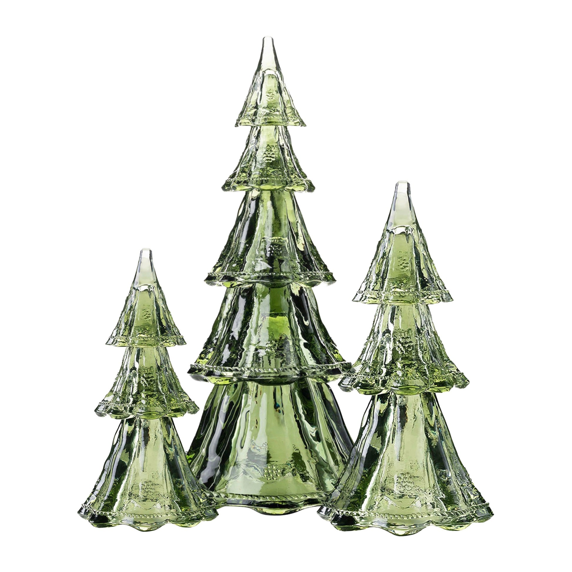 The Juliska Berry & Thread Evergreen Tree Collection features three green glass trees of varying heights, beautifully displayed on a white background—ideal as festive holiday table decor.