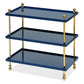 Bunny Williams Tiered Drinks Table features three rectangular shelves in blue lacquer with brass posts, finials, and feet, showcased against a white background.