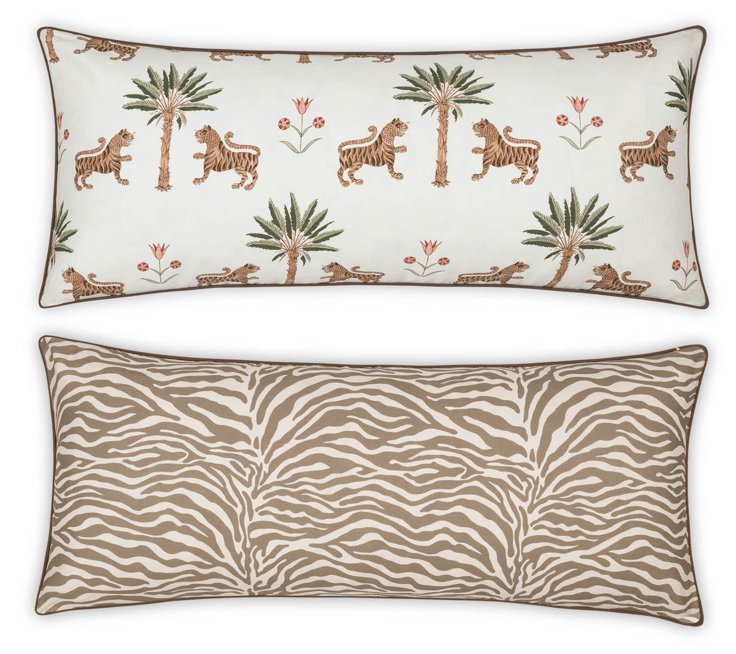The Matouk Reversible Lumbar Pillow Collection offers versatile home decor with one side featuring tigers, palm trees, and flowers on white, and the other a tan and white zebra stripe pattern.