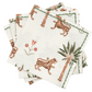 The Matouk Tiger Palm Tabletop Collection features white napkins with Schumacher-inspired borders, decorated with tigers, palm trees, and jungle motifs.
