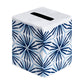 The Haute Home Radiant Bath Collection square tissue box cover is crafted from premium linen and showcases a blue and white geometric floral pattern with a rectangular opening on top—an elegant addition to your home décor.