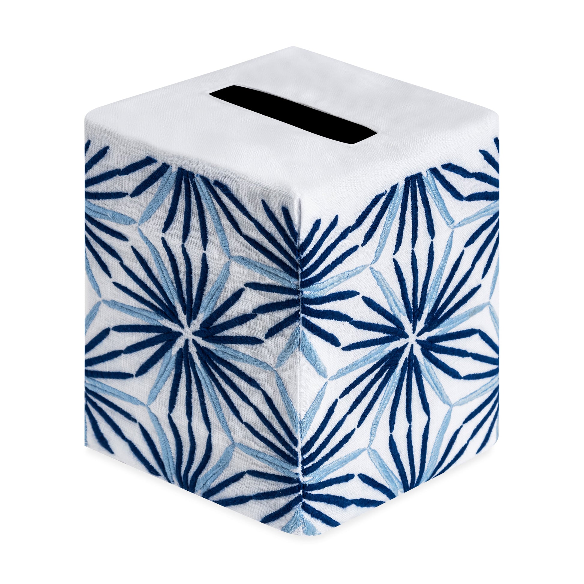 The Haute Home Radiant Bath Collection square tissue box cover is crafted from premium linen and showcases a blue and white geometric floral pattern with a rectangular opening on top—an elegant addition to your home décor.