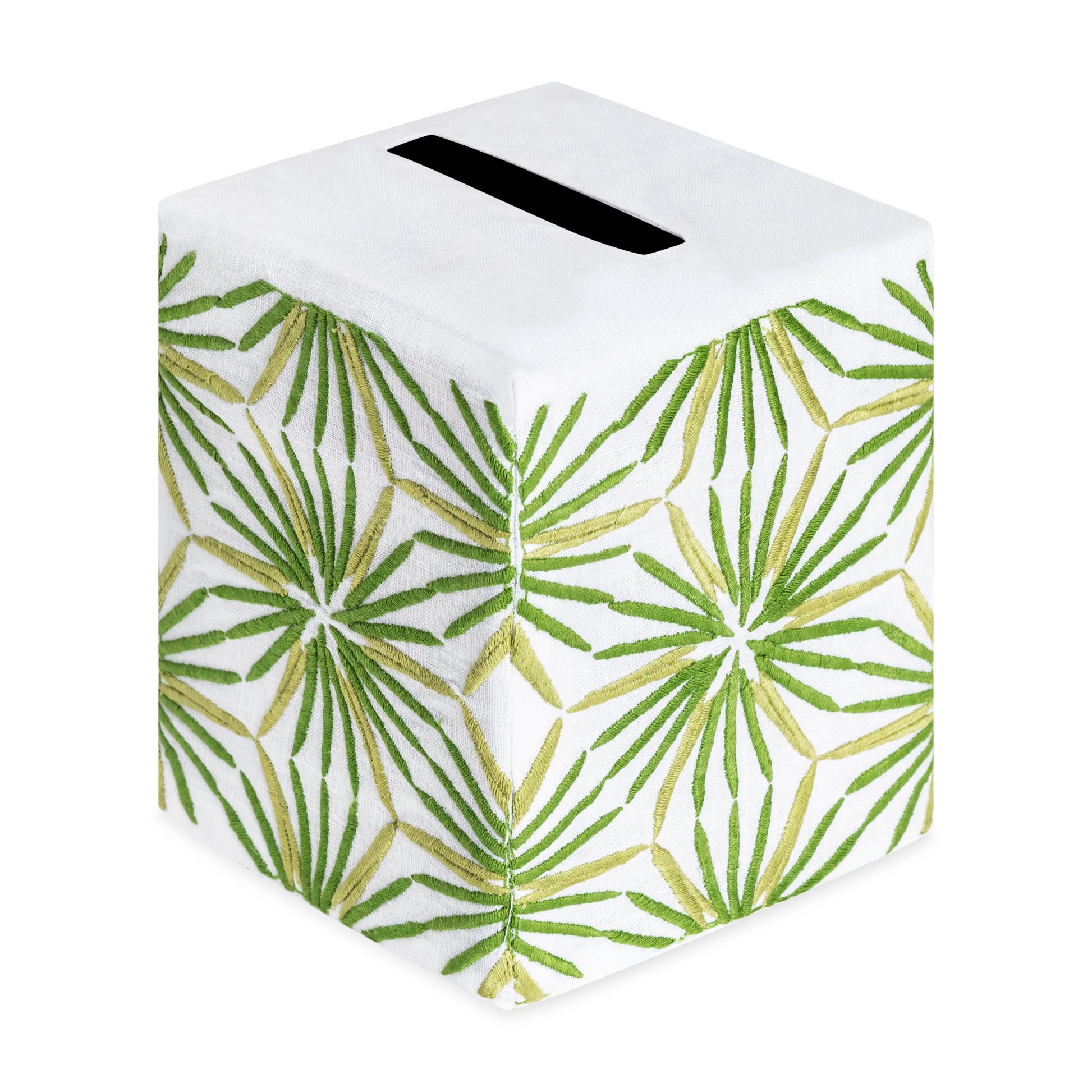 Elevate your home décor with the Haute Home Radiant Bath Collection—a premium white cube-shaped box featuring a stylish green palm leaf pattern and a rectangular slot on top, inspired by elegant linen designs.