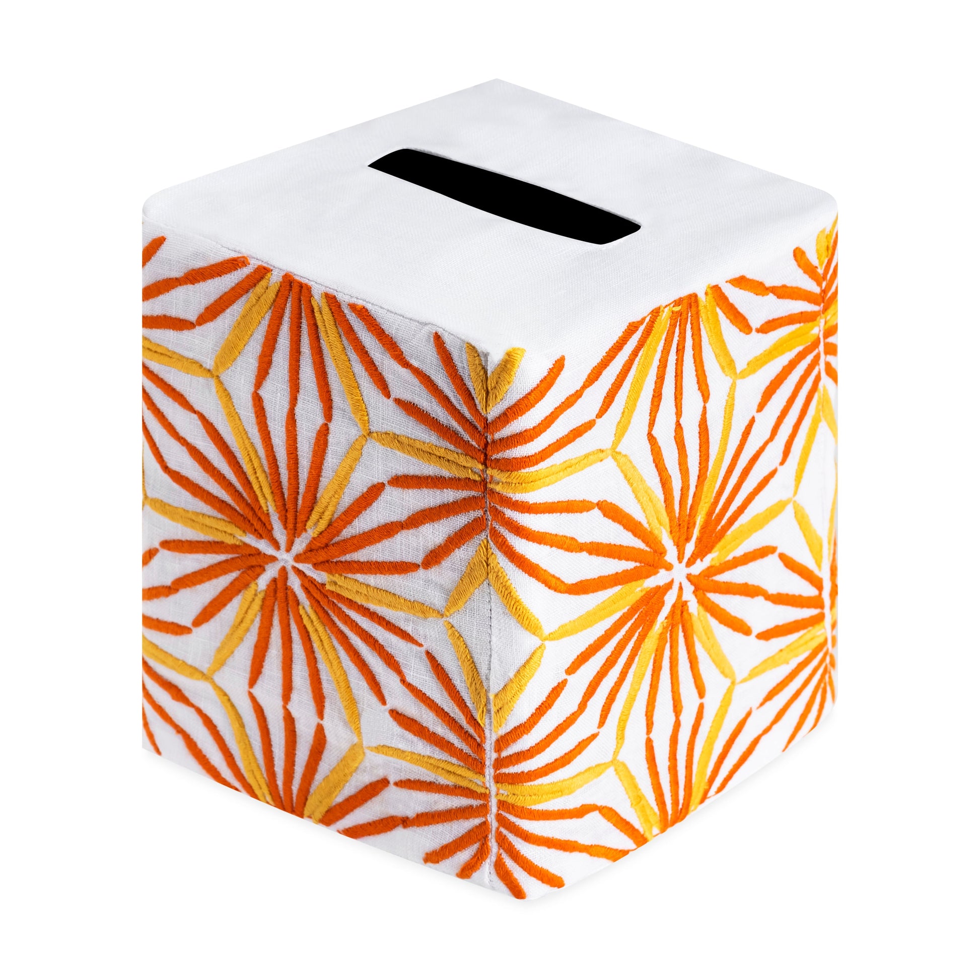 Radiant Bath Collection by Haute Home: a fabric-covered cube tissue box holder, crafted from premium linen in an orange and yellow geometric pattern, featuring a rectangular opening on top—a stylish addition to your home décor.