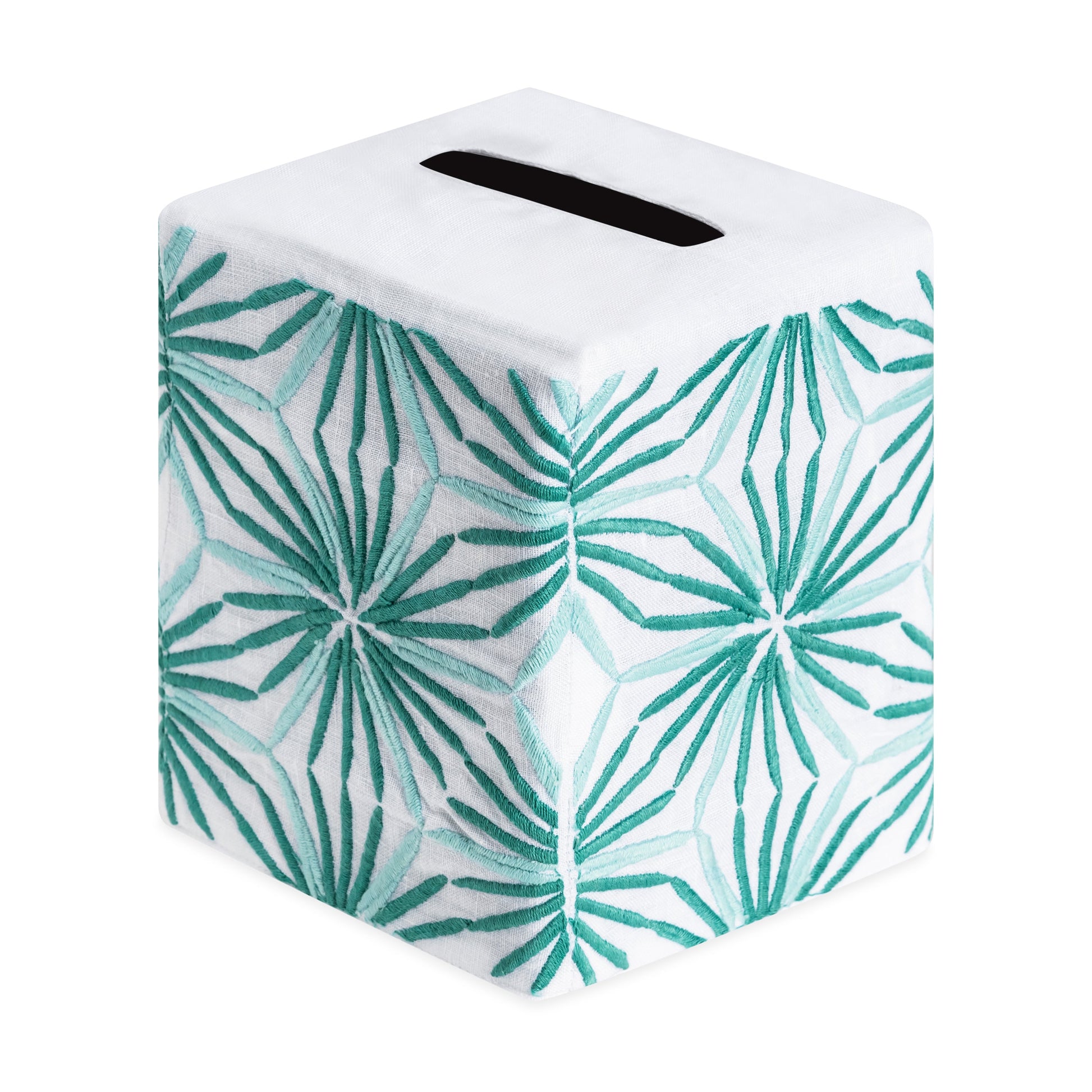 Introducing the Radiant Bath Collection by Haute Home: a square tissue box cover adorned with a green and white geometric leaf pattern, expertly crafted from premium linen and featuring a sleek rectangular opening at the top—a sophisticated touch for elevating your home décor.