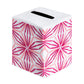 Square tissue box cover from the Radiant Bath Collection by Haute Home, expertly crafted from premium linen and adorned with a pink and red geometric flower pattern on a white background. This elegant accessory features an easy-access opening at the top, making it a stylish addition to your home décor.