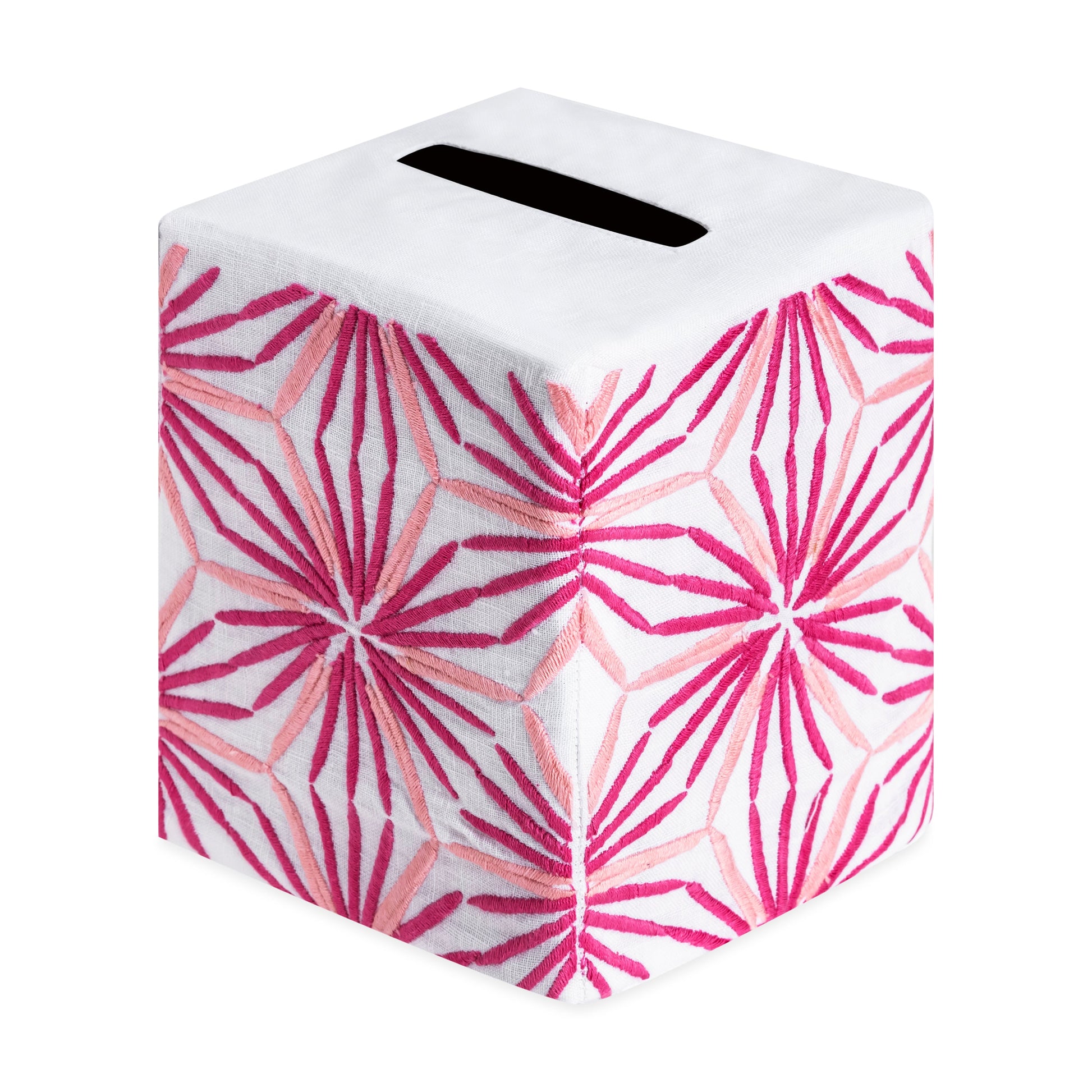 Square tissue box cover from the Radiant Bath Collection by Haute Home, expertly crafted from premium linen and adorned with a pink and red geometric flower pattern on a white background. This elegant accessory features an easy-access opening at the top, making it a stylish addition to your home décor.