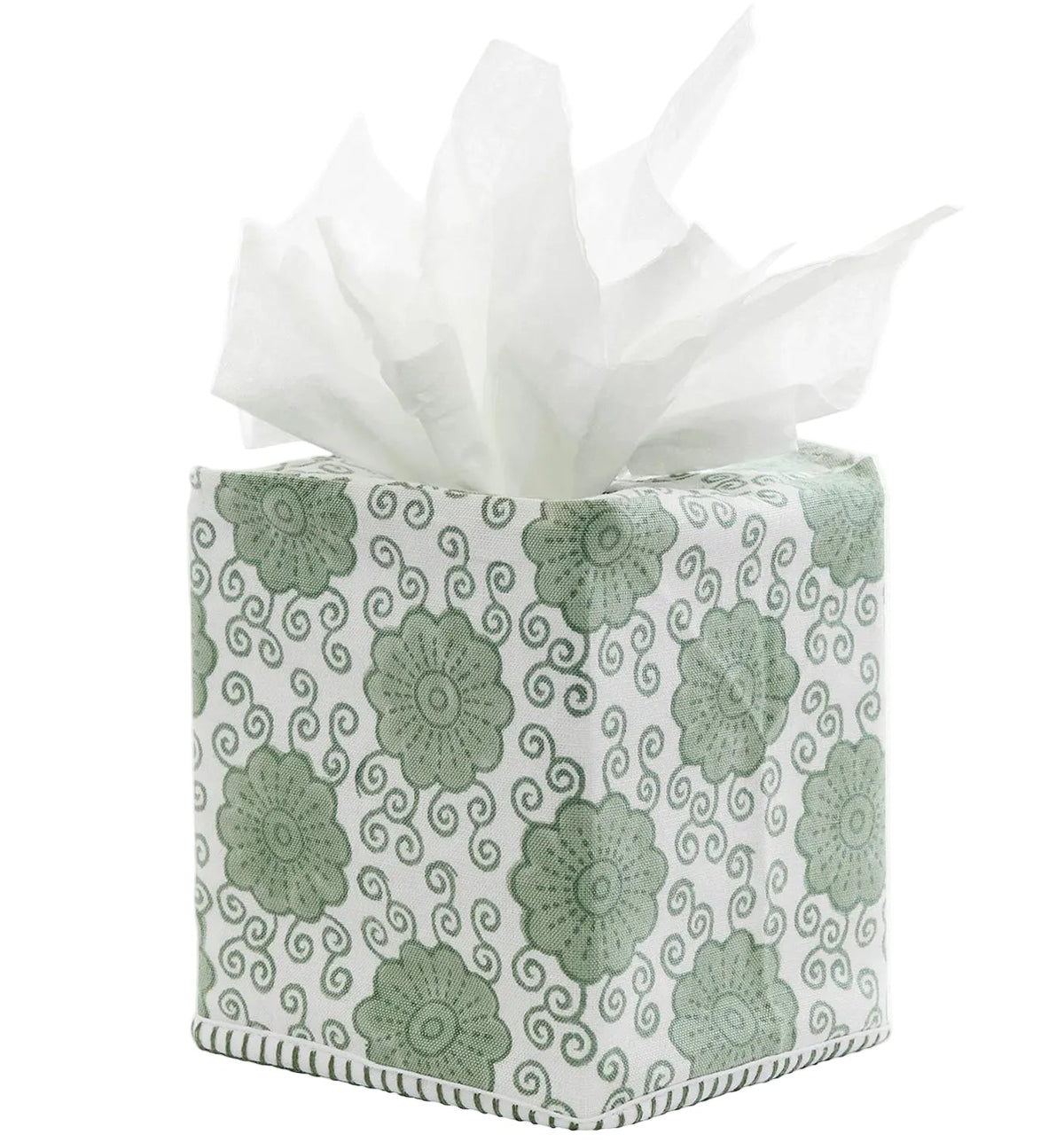 The Damini Sage Tissue Box Cover by John Robshaw features a hand block printed sage green rosette floral design, finished with delicate hand-stitched edging, and is shown holding white tissues emerging from the top.