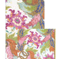 Two eco-friendly, triple-ply Caspari napkins from the Tobacco Leaf Ivory Collection featuring overlapping floral and leaf patterns in pink, orange, green, and blue on a white background.