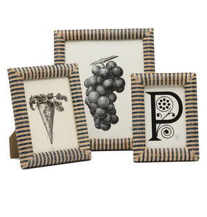 Three striped raffia Toluca Frame Collection pieces by Pigeon & Poodle showcase black-and-white illustrations of a carrot, grapes, and a decorative letter "P".