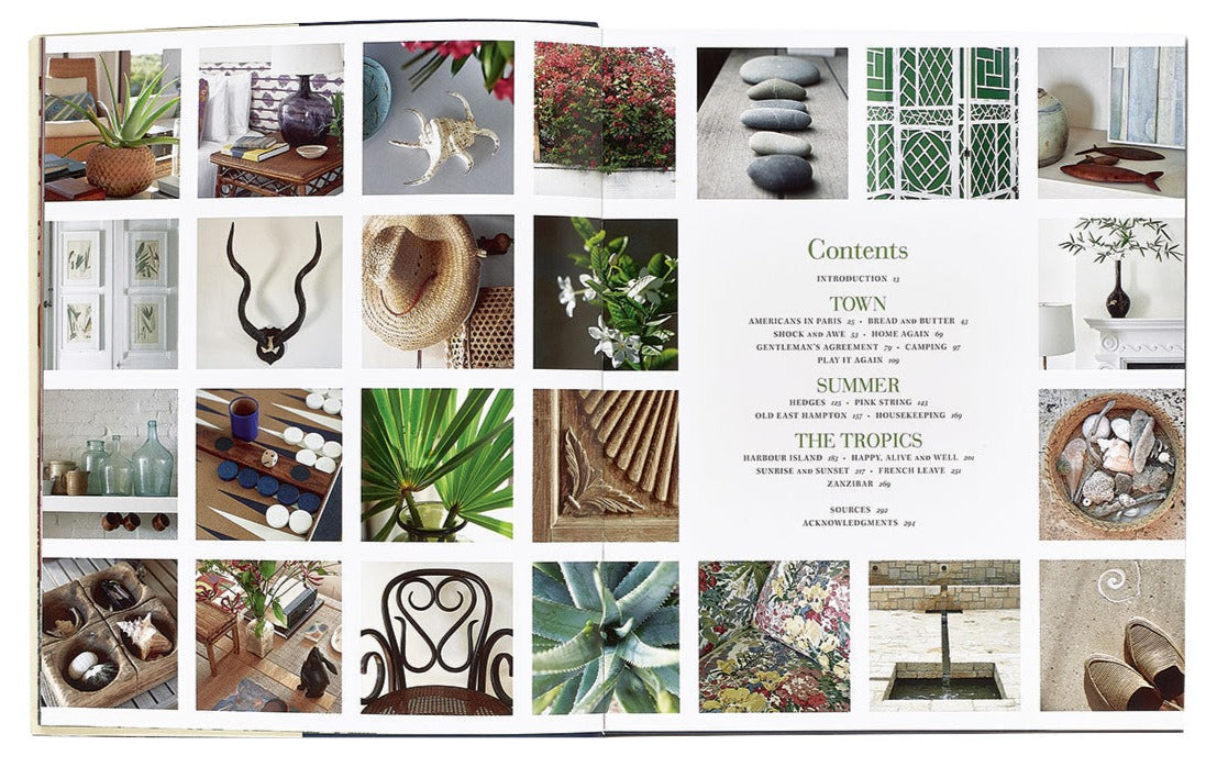 A photo book spread from "The Tom Scheerer Compendium" by Vendome showcases a table of contents on one page and a grid of various nature and decorative images, including plants, shells, and home decor items inspired by Tom Scheerer's interior design, on the adjacent page.
