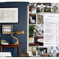 Open spread of an interior design magazine showing a contents page on the right and a living room photo on the left. The contents page lists various decor themes, featuring images of styled rooms that capture the essence of Relaxed Modernism, reflecting Tom Scheerer's approach to American interior design as showcased in The Tom Scheerer Compendium by Vendome.