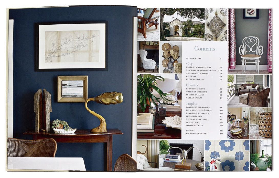 Open spread of an interior design magazine showing a contents page on the right and a living room photo on the left. The contents page lists various decor themes, featuring images of styled rooms that capture the essence of Relaxed Modernism, reflecting Tom Scheerer's approach to American interior design as showcased in The Tom Scheerer Compendium by Vendome.