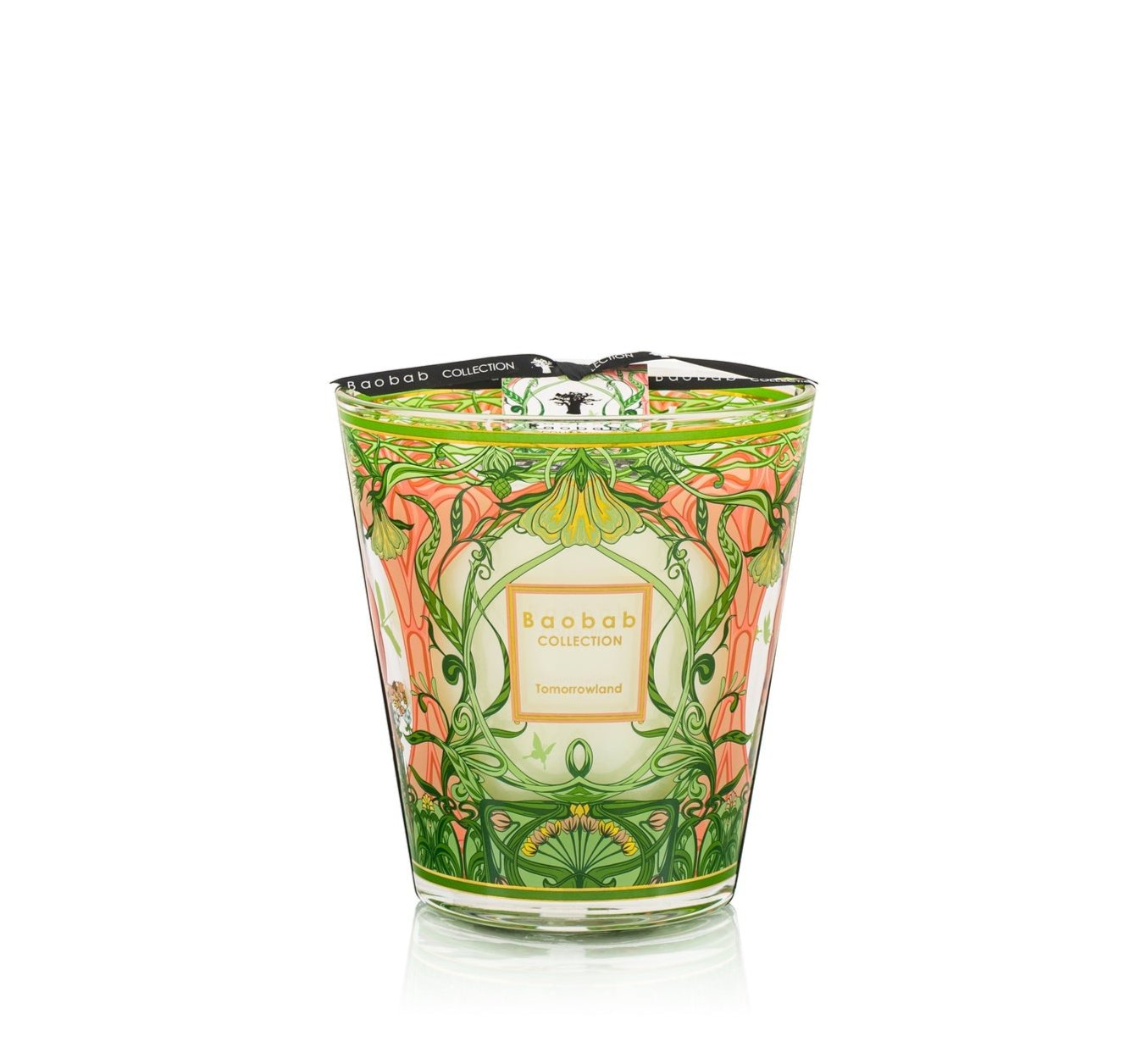 The Baobab Collection Tomorrowland Candle by Baobab is a decorative scented candle in a glass holder adorned with intricate green and pink floral patterns, inspired by the elegance of Art Nouveau.