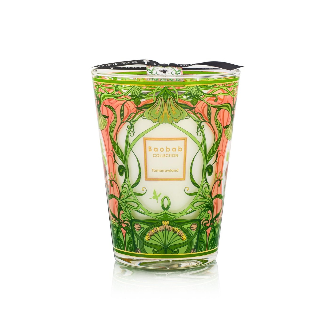 This Baobab Collection Tomorrowland Candle, presented in a glass holder, showcases intricate green and pink Art Nouveau-inspired patterns. It features a captivating aroma that elegantly embodies the essence of Tomorrowland.