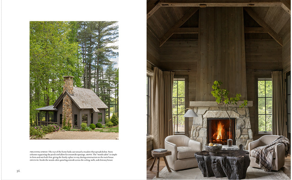 Left: The cover of Tradition Made New by Penguin Random House features a small stone cottage nestled among trees, highlighting exceptional craftsmanship and the use of natural materials. Right: Inside, a cozy living room with fireplace, armchairs, and tall windows is depicted, featuring wood walls and a vaulted ceiling that evoke architect Adams’ timeless designs.