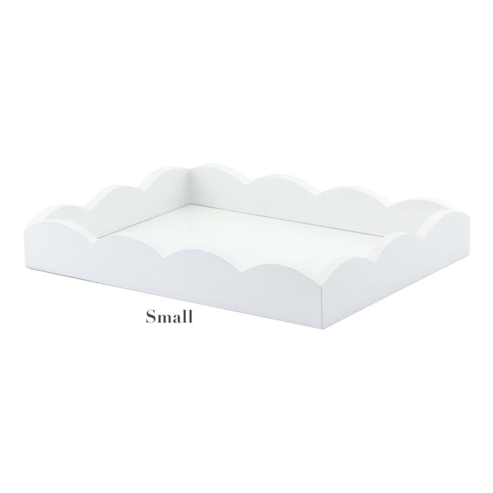 The Addison Ross Scalloped White Lacquer Tray Collection features a small, rectangular tray with a high gloss finish and scalloped edges, shown on a plain white background.